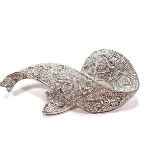 Vintage Rhinestone Ribbon Brooch Silver Tone
